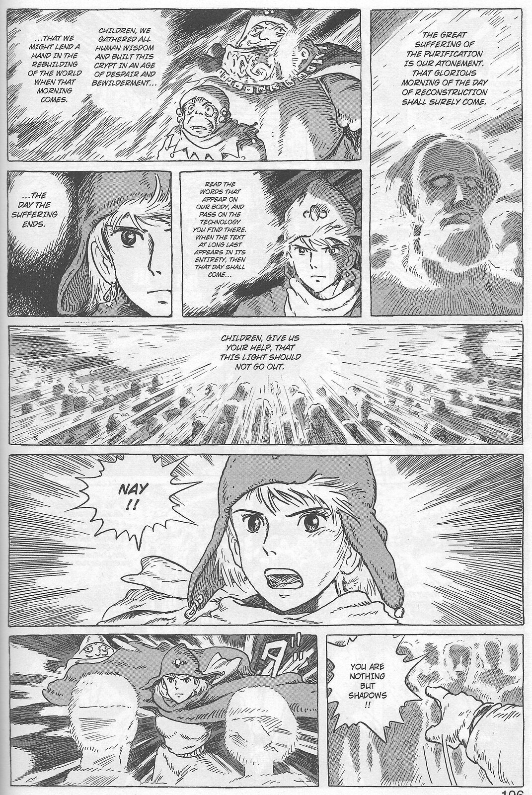 Ilustracja podzielona jest na osiem części. Na ilustracji znajduje się kilka głównych postaci, w tym główna bohaterka Nausicaa oraz tłum ludzi, odwróconych do bijącego światła. Komiks jest czarno‑biały. 