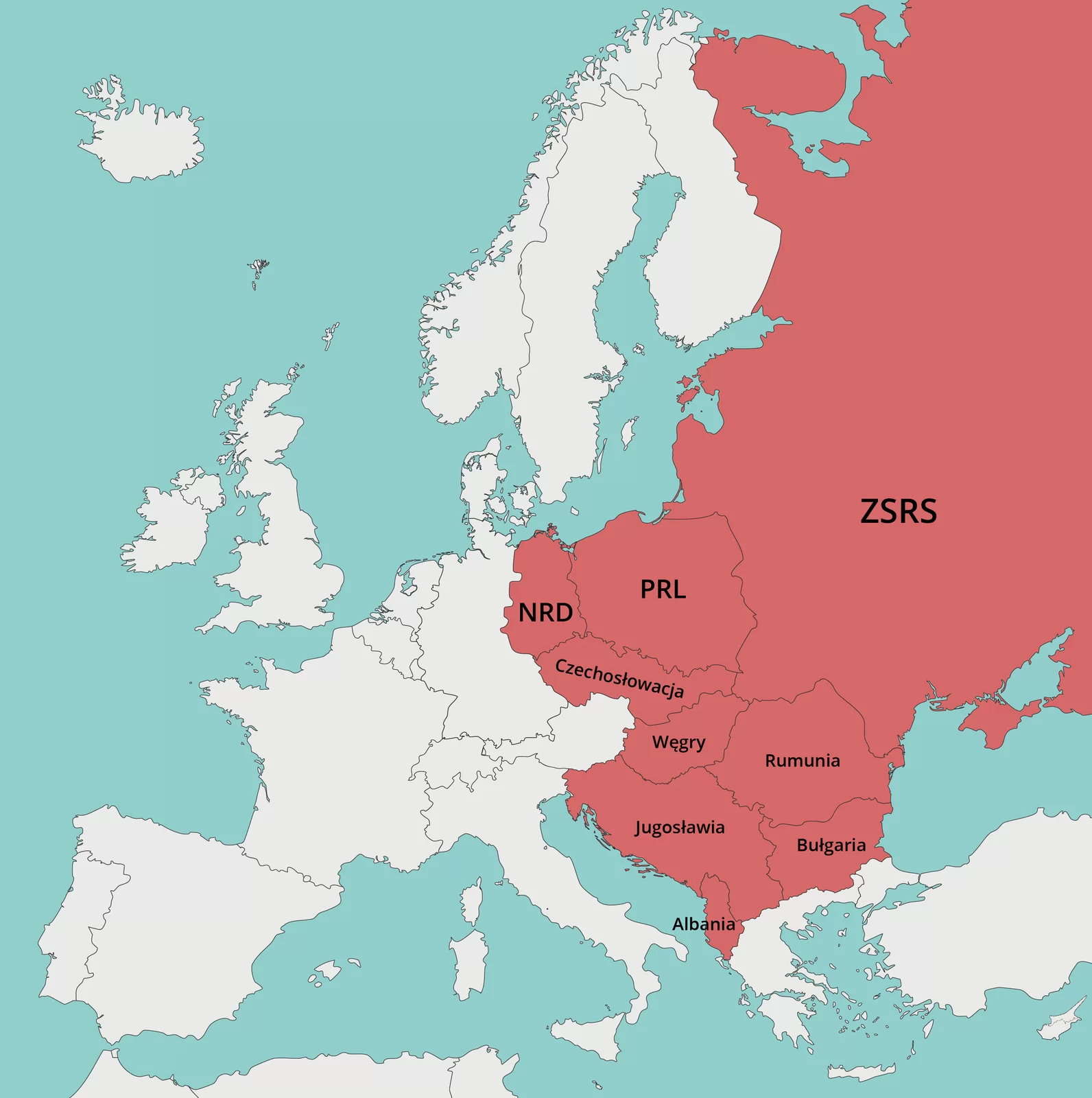 Ilustracja przedstawia mapę Europy. Kolorem czerwonym są zaznaczone następujące kraje: NRD, PRL, Czechosłowacja, Węgry, Rumunia, Jugosławia, Bułgaria, Albania, ZSRS.