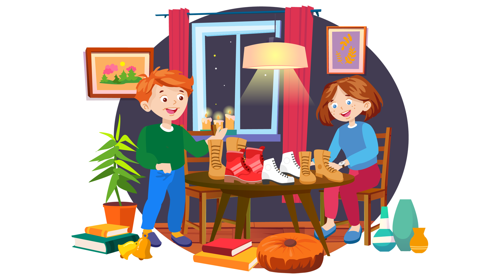 Ilustracja przedstawia pokój w domu Franka i Mai. W tle znajduje się granatowa ściana z oknem na środku. Za oknem widać rozgwieżdżone nocne niebo. Powyżej okna wisi granatowy karnisz z dwiema ciemnoróżowymi zasłonami. Na ciemnoniebieskim parapecie znajduje się zielona taca, na której są ustawione trzy zapalone pomarańczowe świece. Po lewej stronie wisi na ścianie obrazek w brązowej ramce. Przedstawia kilka drzew iglastych rosnących na zielonej polanie. Nad drzewami widać słońce i kilka różowych chmur. Tło jest pomarańczowe. Po prawej stronie wisi na ścianie drugi obrazek w brązowej ramce. Przedstawia trzy pomarańczowe liście na fioletowym tle. Na drewnianej podłodze znajduje się wiele przedmiotów. Po lewej stronie są dwie książki ułożone jedna na drugiej. Pierwsza ma jasnopomarańczową okładkę, a druga ciemnozieloną. Za nimi stoi duża zielona roślina w pomarańczowej donicy, a nieco bliżej leżą dwa złote dzwonki. Na pierwszym planie są kolejne dwie książki ułożone jedna na drugiej. Pierwsza ma czerwoną okładkę, a druga pomarańczową. Obok nich leży okrągła ciemnopomarańczowa poduszka. Po prawej stronie stoją trzy wazony. Pierwszy jest w biało‑turkusowe pasy, drugi turkusowy, a trzeci pomarańczowy. Na środku pomieszczenia znajduje się okrągły ciemnobrązowy stół, na którym są ustawione cztery pary butów. Pierwsze od lewej są jasnobrązowe, drugie czerwone, trzecie białe, a czwarte są takie same jak pierwsze. Nad stołem wisi okrągła beżowa lampa dająca żółte światło. Po lewej stronie stołu widać brązowe krzesło, obok którego stoi Franek. Jest ubrany w ciemnozieloną bluzę z długimi rękawami, długie niebieskie spodnie, pomarańczowe skarpety i granatowe buty. Patrzy na buty ustawione na stole i się uśmiecha. Po prawej stronie stołu widać drugie brązowe krzesło. Siedzi na nim Maja. Jest ubrana w niebieską bluzę z długimi rękawami, długie ciemnoróżowe spodnie i ciemnoniebieskie buty. Na lewym nadgarstku ma zegarek. Również patrzy na buty i się uśmiecha.