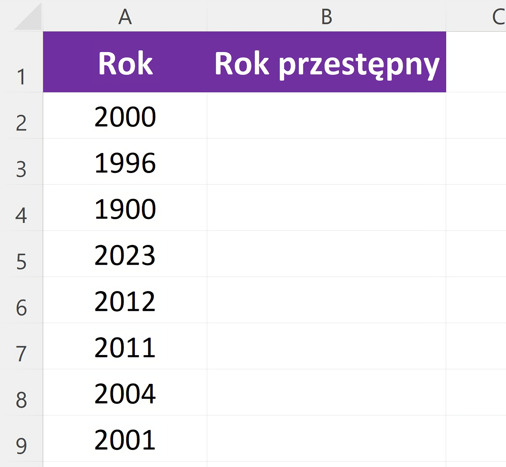 Zrzut ekranu przedstawia tabelę w arkuszu kalkulacyjnym. Ma ona dwie kolumny: Rok, Rok przestępny. Pierwsza kolumna jest wypełniona, natomiast druga jest pusta. Zawartość kolumny Rok to: 2000, 1996, 1900, 2023, 2012, 2011, 2004, 2001.