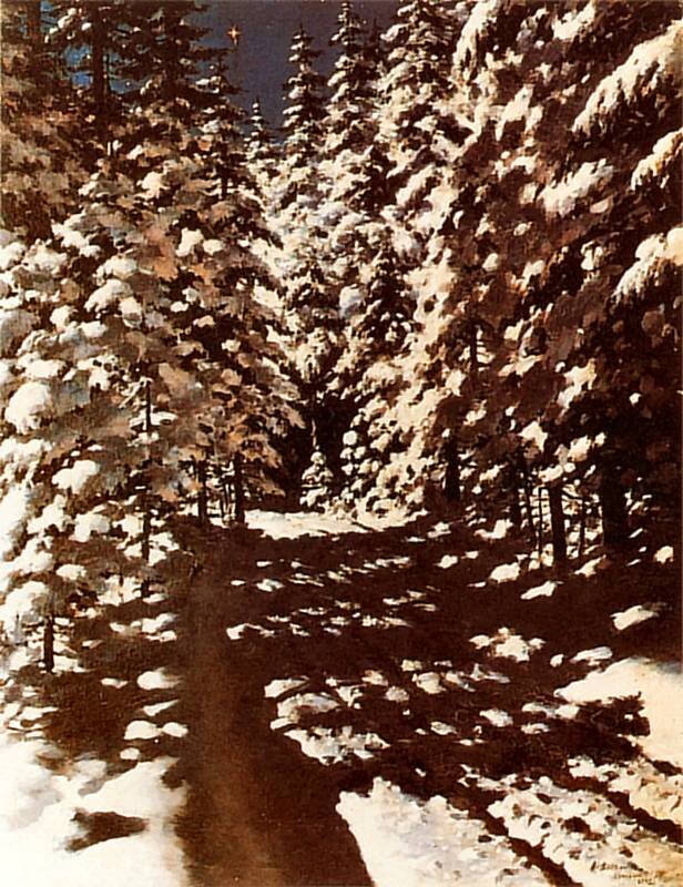 Obraz przedstawia pejzaż. Ukazany jest gęsty las pełen świerków. Jest zima. Między drzewami przebłyskuje słońce.