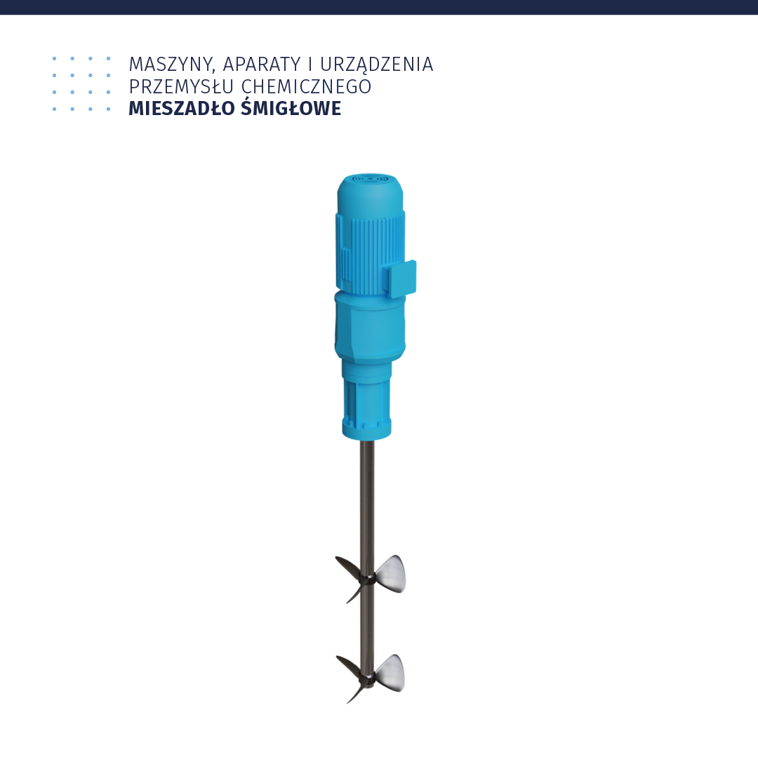 Ilustracja zatytułowana: Maszyny, aparaty i urządzenia przemysłu chemicznego. Mieszadło śmigłowe. Ilustracja przedstawia pionowy wałek, na końcu którego zamontowana dwa mieszadła, przypominające małe śmigła.