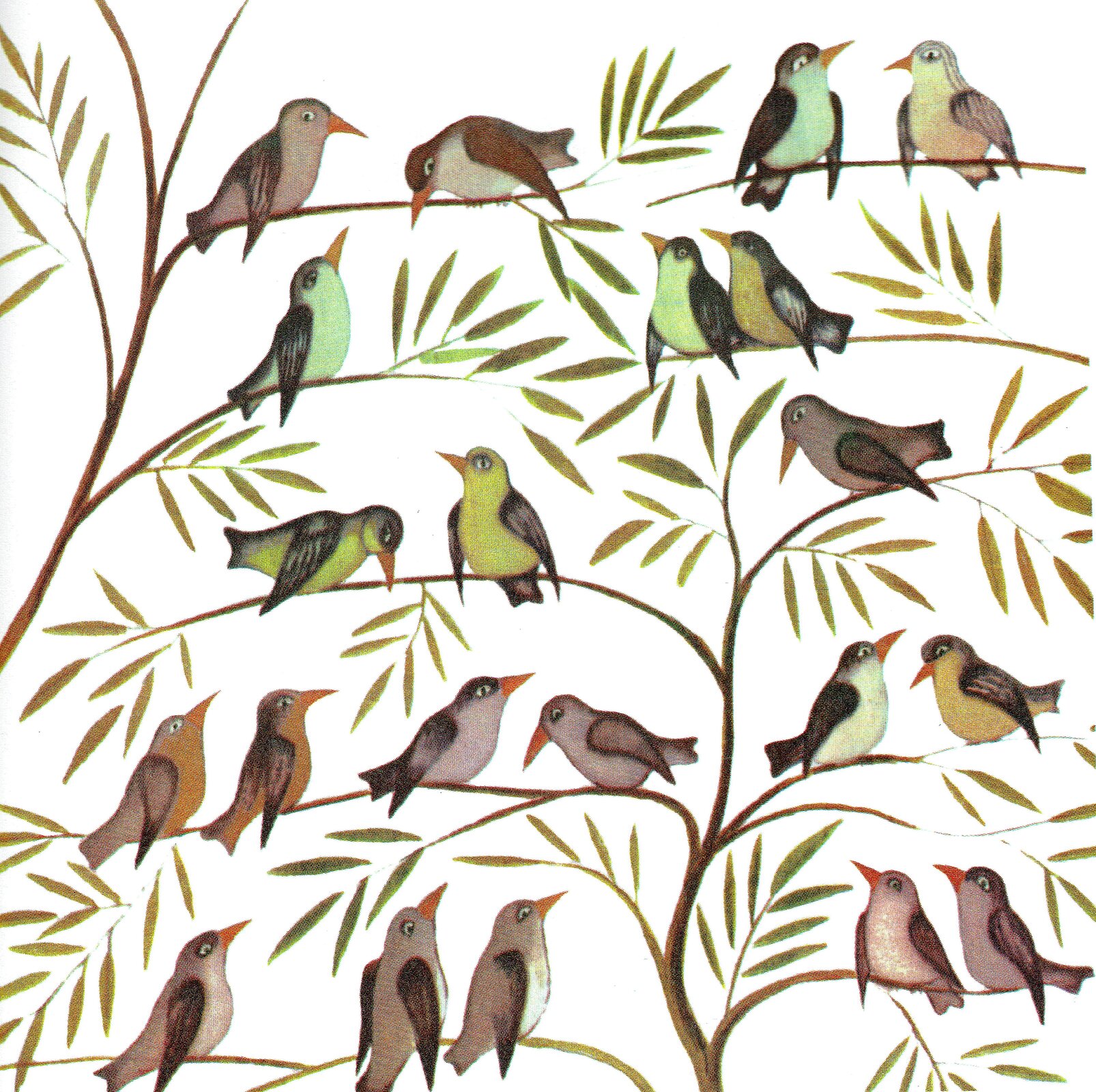 Ilustracja przedstawia pracę Olgi Siemaszko z książki Jerzego Kiersta "Biuro paszportowe". Ukazuje gałęzie z wąskimi liśćmi. Na delikatnych gałązkach gromadnie siedzą ptaki o różnym zabarwieniu.