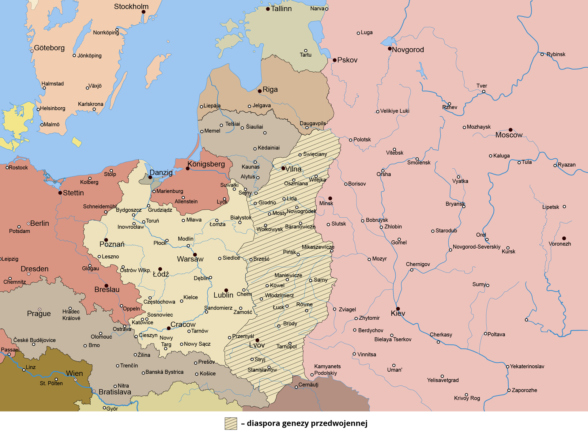 Na mapie Europy z wyróżnieniem Polski z 1938 roku zaznaczono obszar występowania diaspory polskiej: od miejscowości Święciany, przez Wilno, Brześć, Sarny, Lwów, Tarnopol, po Stanisławów.   