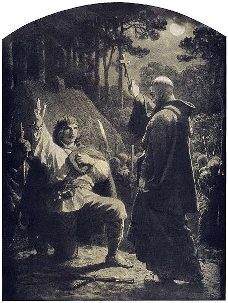 Ilustracja przedstawia dwóch mężczyzn w sile wieku. Mężczyźni są zwróceni twarzami do siebie. Po lewej stronie klęczy jeden z nich. Jego twarz jest owalna. Postać ukazuje prawy półprofil. Jego czoło jest zakryte grzywką. Mężczyzna ma wyraziste brwi, duży nos i krótkie wąsy. Jego włosy sięgają ramion. Jest ubrany w koszulę i spodnie. Na stopach ma onuce. Unosi prawą rękę, prostując trzy palce: środkowy, wskazujący i kciuk. Lewą rękę kładzie na sercu, przyciskając do piersi czapkę. Patrzy na drugiego mężczyznę. Ten stoi. Ukazuje lewy profil. Jego brwi są krzaczaste, oczy duże, a nos prosty. Postać lekko pochyla głowę. Patrzy na klęczącego mężczyznę. Unosi prawą rękę. Jest ubrany w habit. Kaptur opada na jego plecy. Za ich plecami stoją mężczyźni unoszący szable. Dalej stoją chaty ze strzechą na dachach. W tle drzewa i nocne niebo z księżycem w pełni.