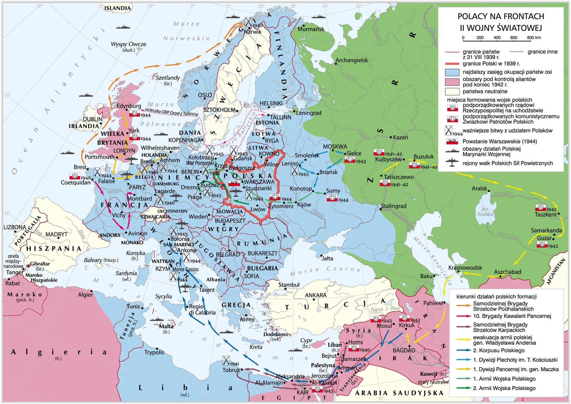 Kliknij, aby powiększyć Mapa przedstawiająca udział Polaków w walkach na frontach II wojny światowej.