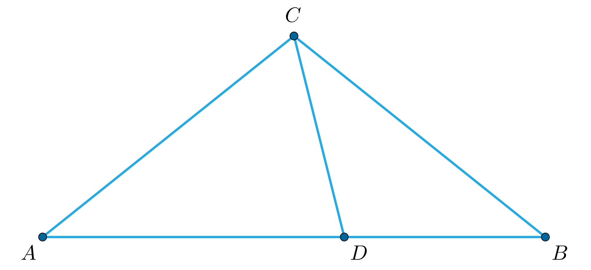 Ilustracja przedstawia trójkąt A B C. Z wierzchołka C poprowadzono środkową C D boku A B.