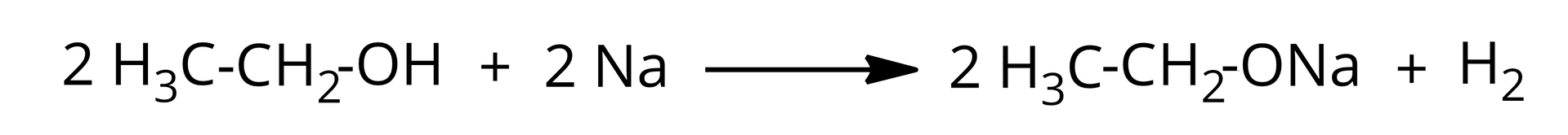 Ilustracja przedstawiająca równanie reakcji chemicznej pomiędzy alkoholem etylowym a sodem w zapisie cząsteczkowym. Dwie cząsteczki etanolu o strukturze zbudowanej z podstawnika etylowego CH3CH2  połączonego z grupą hydroksylową dodać dwa atomy sodu. Strzałka w prawo, za strzałką dwie cząsteczki etanolanu o strukturze zbudowanej podstawnika etylowego CH3CH2  połączonego z grupą ONa dodać cząsteczka wodoru.