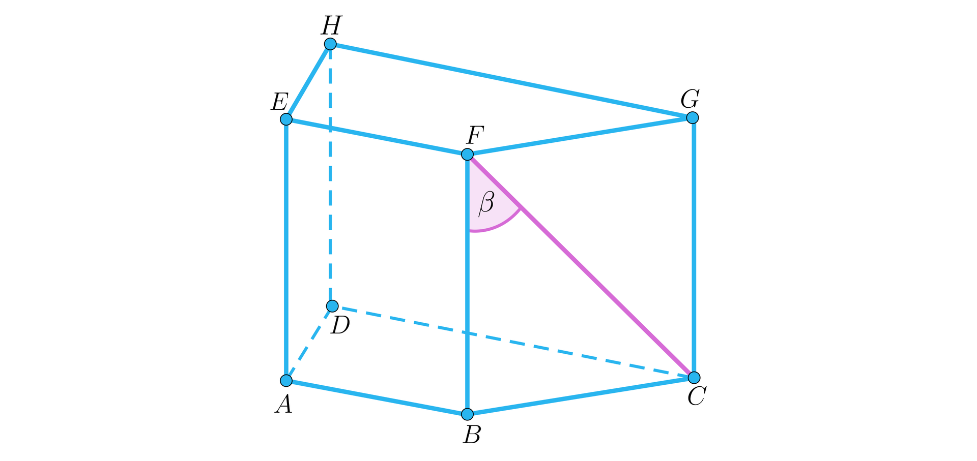 Ilustracja przedstawia graniastosłup A B C D E F G H o podstawie trapezu. Zaznaczono przekątną ściany bocznej B C F G. Kąt między przekątną a krawędzią ściany bocznej B F ma miarę alfa.