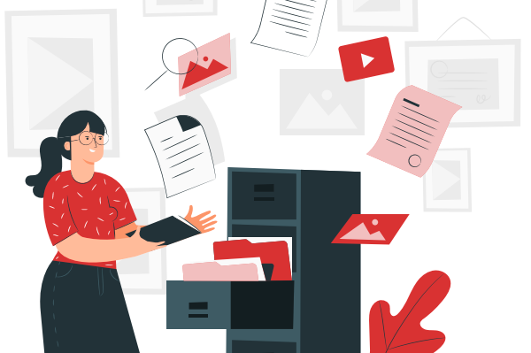 Ilustracja przedstawia kobietę stojąca przy szafce z dokumentami. Jedna z szuflad jest otwarta a z niej wyfruwają dokumenty. 