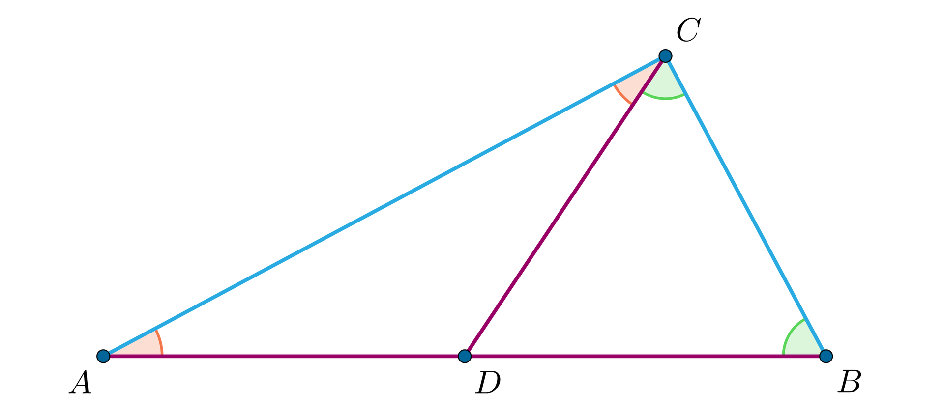 Ilustracja przedstawia trójkąt A B C. Z wierzchołka C poprowadzono środkową C D boku A B. Czerwonym kolorem zaznaczono odcinki A B i C D. Zaznaczono pary tych samych kątów. W trójkącie A D C są to kąty przy wierzchołkach A i C. W drugim trójkącie B C D kąty te znajdują się przy wierzchołkach B i C.