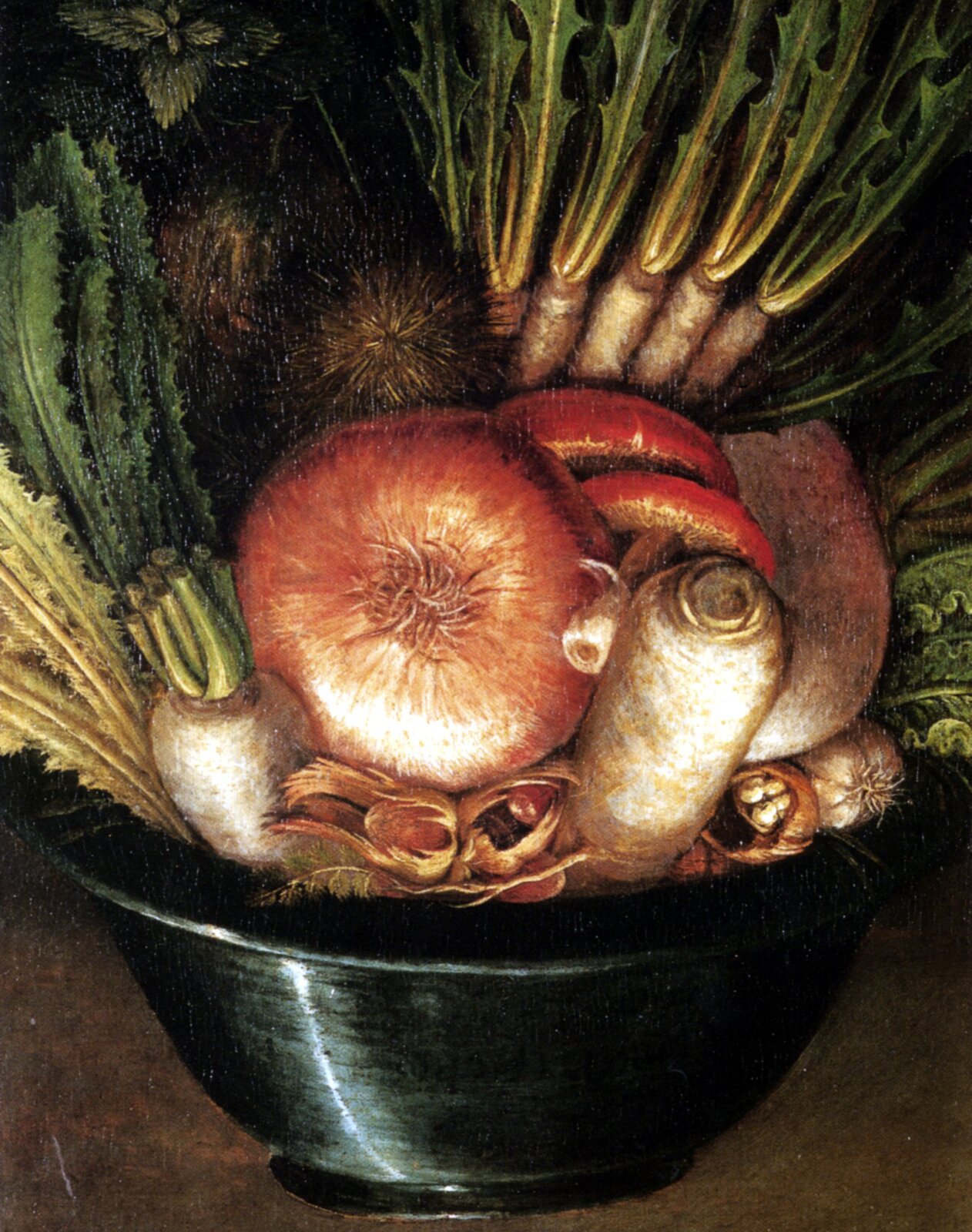 Obraz przedstawia warzywa ułożone w czarnej misie. Cebula znajduje się w centralnej części obrazu. Pierwszą warstwę stanowią dwa orzechy laskowe i jeden włoski (rozłupany), jedna główka czosnku, na nich leży cebula ułożona korzonkami do widza. Po obu jej bokach znajdują dwa korzenie pietruszki bez naci, które pionowo wystają z misy. Z jej prawej strony, pod jednym korzeniem pietruszki ułożono dwa czerwone kapelusze grzybów. Nad nimi widać sześć, równo ułożonych białych korzeni pietruszki z zieloną nacią. Po bokach układają się zielone liście warzyw. 