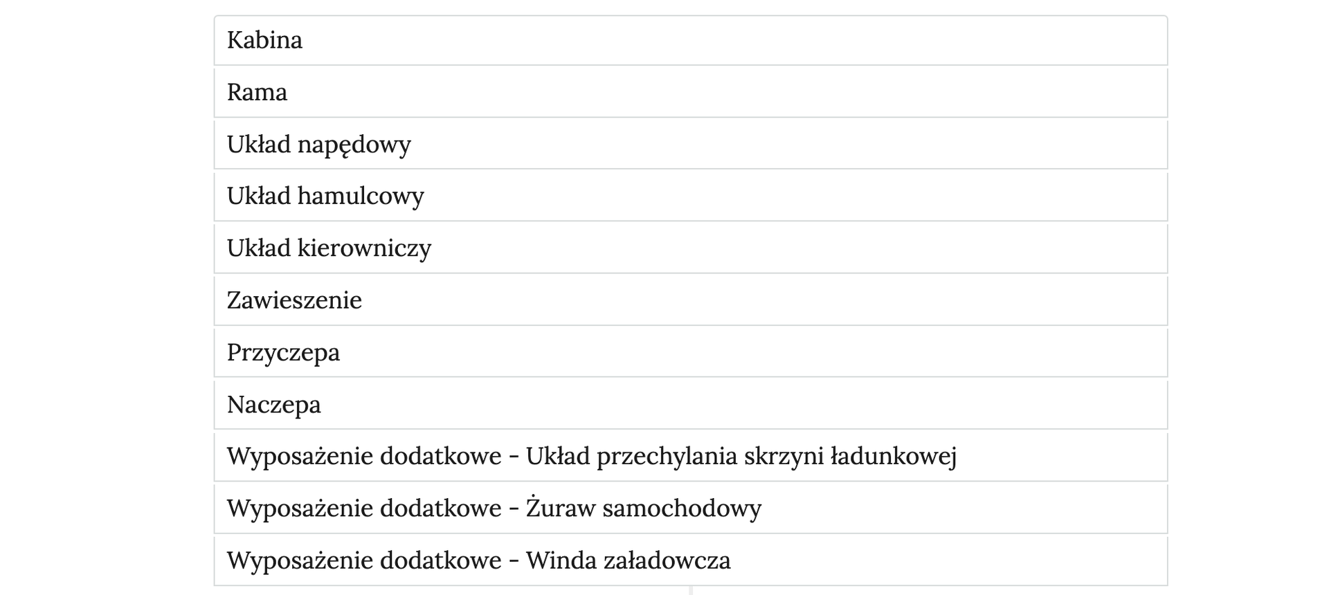 Zrzut ekranu przedstawia zakładki atlasu interaktywnego. Mają one formę poziomych pasków jeden pod drugim. Na każdym pasku znajduje się tytuł zakładki, na przykład: Kabina, Rama, Układ napędowy.