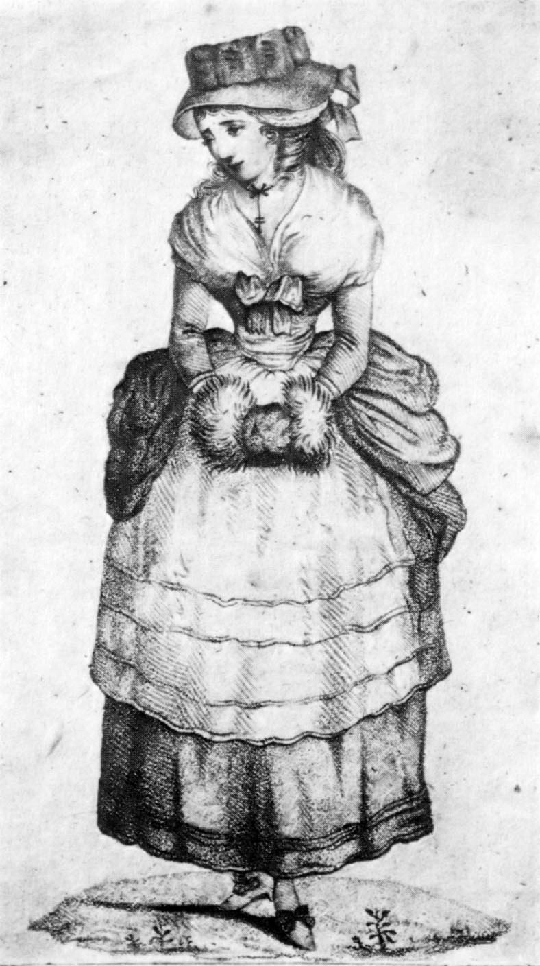 Obraz przedstawia postać młodej kobiety. Kobieta ma na sobie elegancką, długą suknię z gorsetem. Na głowie duży kapelusz. Dłonie ma schowane w futrzanej mufce.