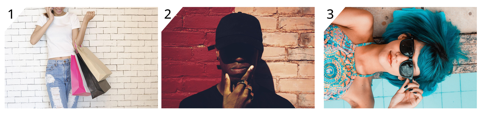 Ilustracja przedstawia trzy zdjęcia. Na pierwszym z nich widoczna jest dziewczyna w przetartych dżinsach i białej koszulce. Na drugim zdjęciu znajduje się młody mężczyzna w ciemnej czapce i ciemnych okularach. Na trzecim zdjęciu leżąca dziewczyna ma niebieskie włosy i również ciemne okulary, a ubrana jest w kolorowy strój kąpielowy