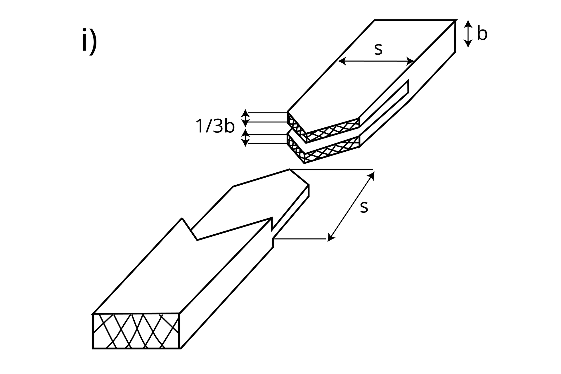 Rysunek złącza stykowego widlicowego wciętego. Jeden element zakończony jest płaskim wypustem o grubości stanowiącej jedną trzecia grubości całego elementu, drugi zaś ma otwór pasujący do wypustu. W tym wypadku krawędź wypustu zakończona jest trójkątnym wycięciem pasującym do otworu w drugim elemencie. Ponadto krawędź elementu w wcięciem wycięta jest również na kształt trójkąta pasujący do wcięcia krawędzi elementu z wypustem. 
