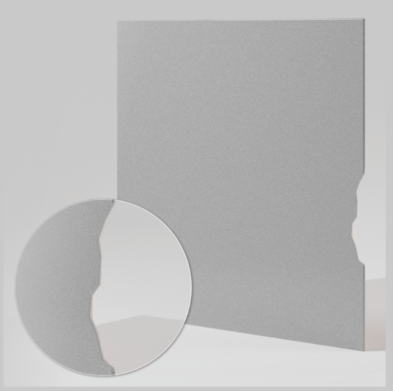 Ilustracja przedstawia kwadratową płytkę z uszkodzeniem prawej krawędzi. Krawędź jest ukruszona.