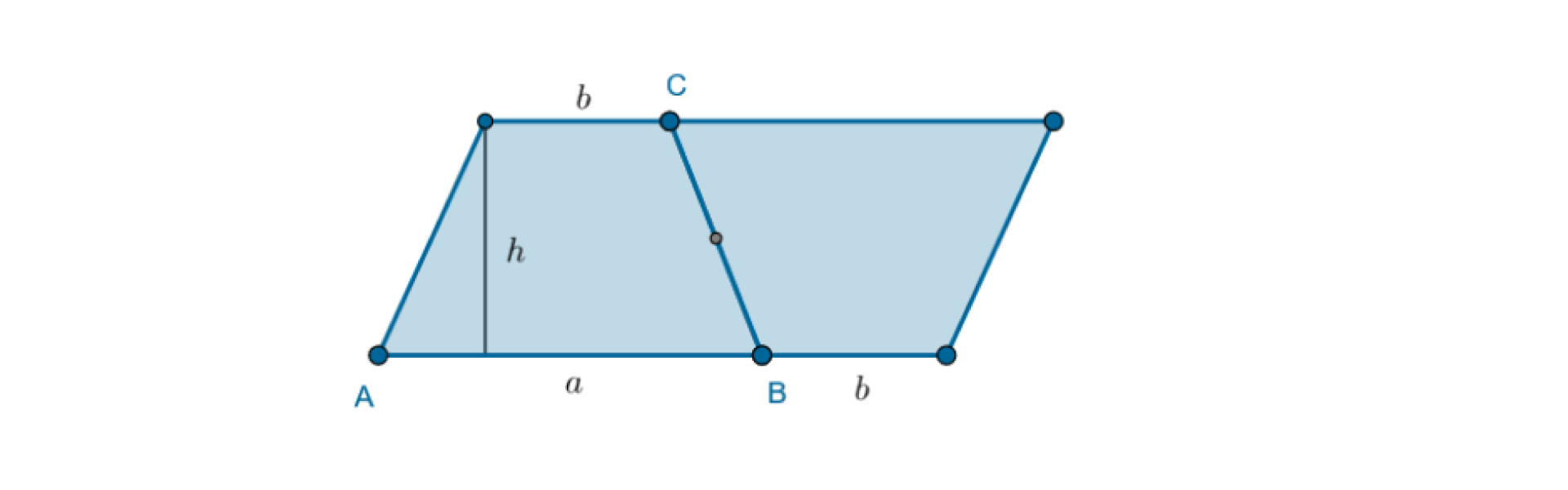 Obrócono trapez o kąt 180 stopni wokół punktu będącego środkiem ramienia trapezu C B. Jaką figurę tworzą trapez oraz trapez obrócony o kąt 180 stopni? Jak policzyć pole powierzchni powstałej figury? Jak wyznaczyć pole trapezu?