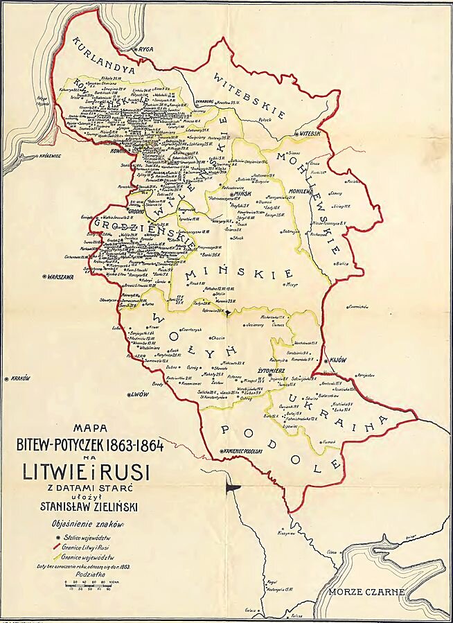 Zdjęcie przedstawia dziewiętnastowieczną mapę Białorusi i Ukrainy z znaczonymi wieloma miejscami potyczek i bitew w latach 1863-1864. 