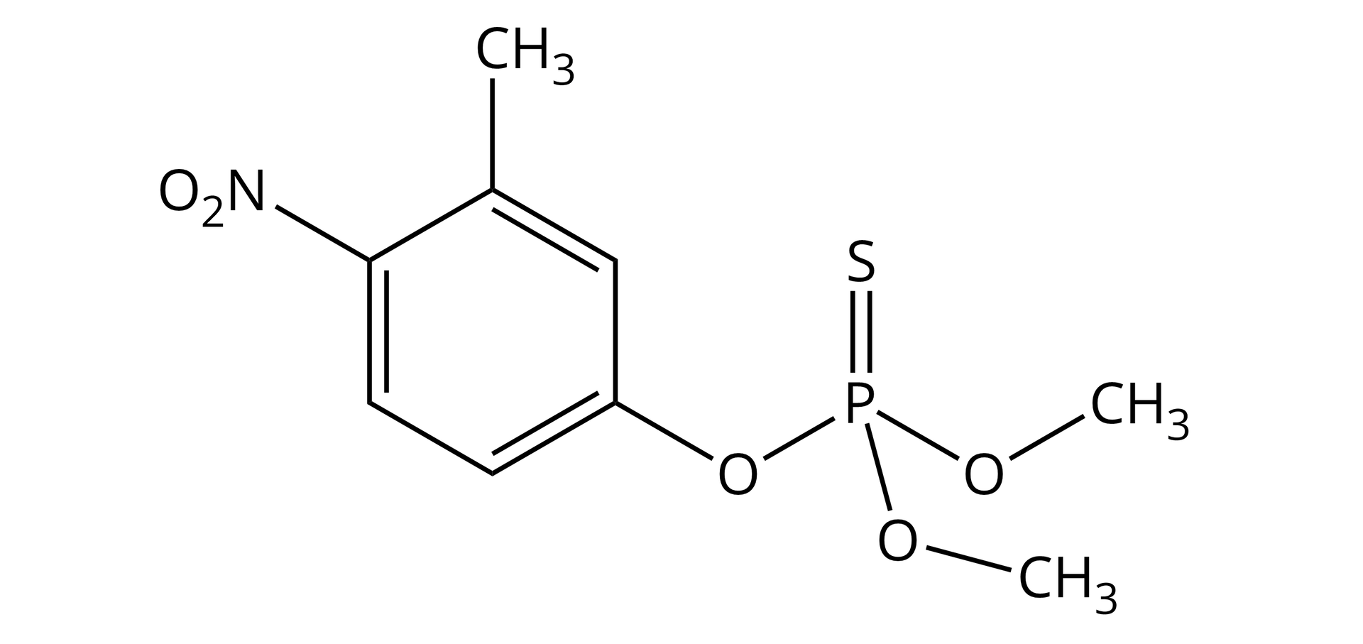 Ilustracja przedstawia wzór fenitrotionu. W strukturze obecne są: pierścień benzenowy podstawiony grupą metylową, nitrową oraz atomem tlenu, do którego przyłączony jest atom fosforu związany wiązaniem podwójnym z siarką oraz poprzez wiązania pojedyncze z dwiema grupami metoksylowymi.