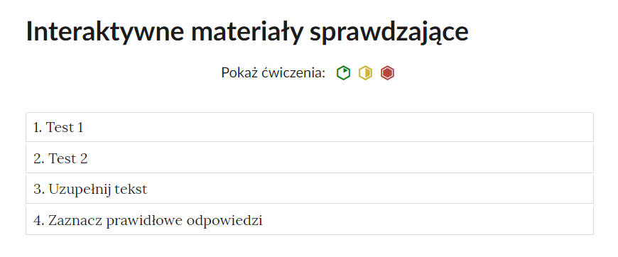 Widok na zakładki z pogrupowanymi ćwiczeniami