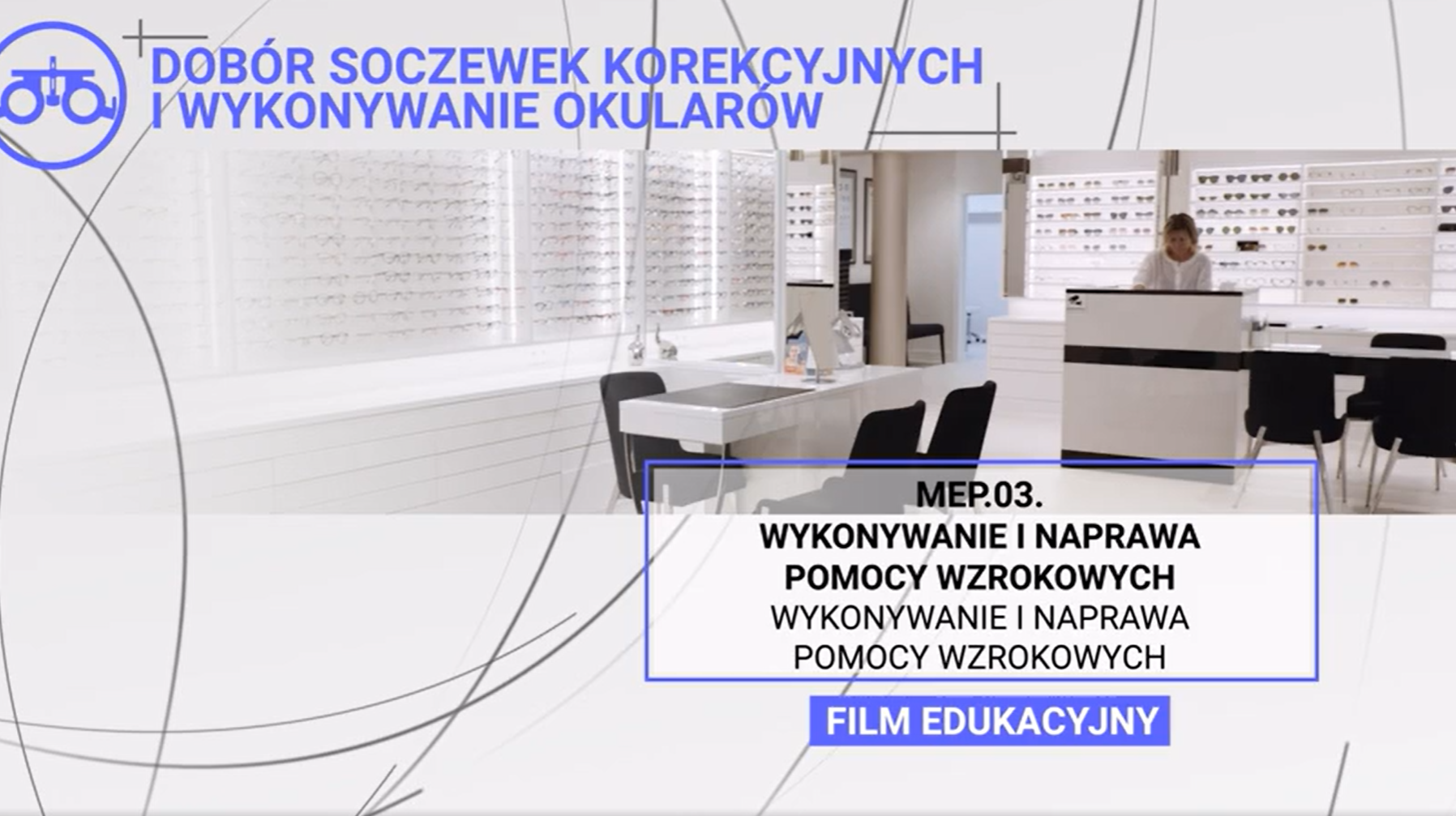 Przykładowy ekran filmu. U góry znajduje się tytuł filmu, a poniżej w ramce numer lekcji i kategoria.