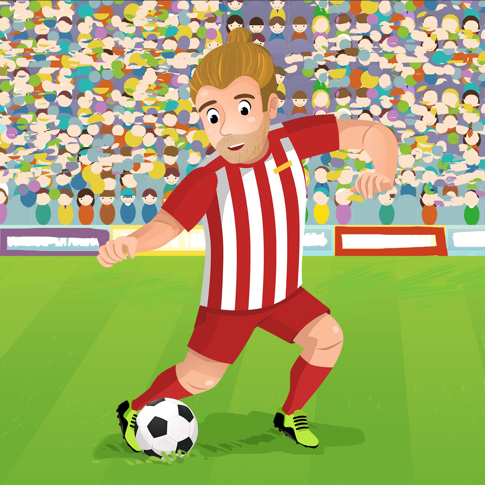Ilustracja przedstawia piłkarza kopiącego piłkę na boisku. W tle znajdują się pełne kibiców trybuny.