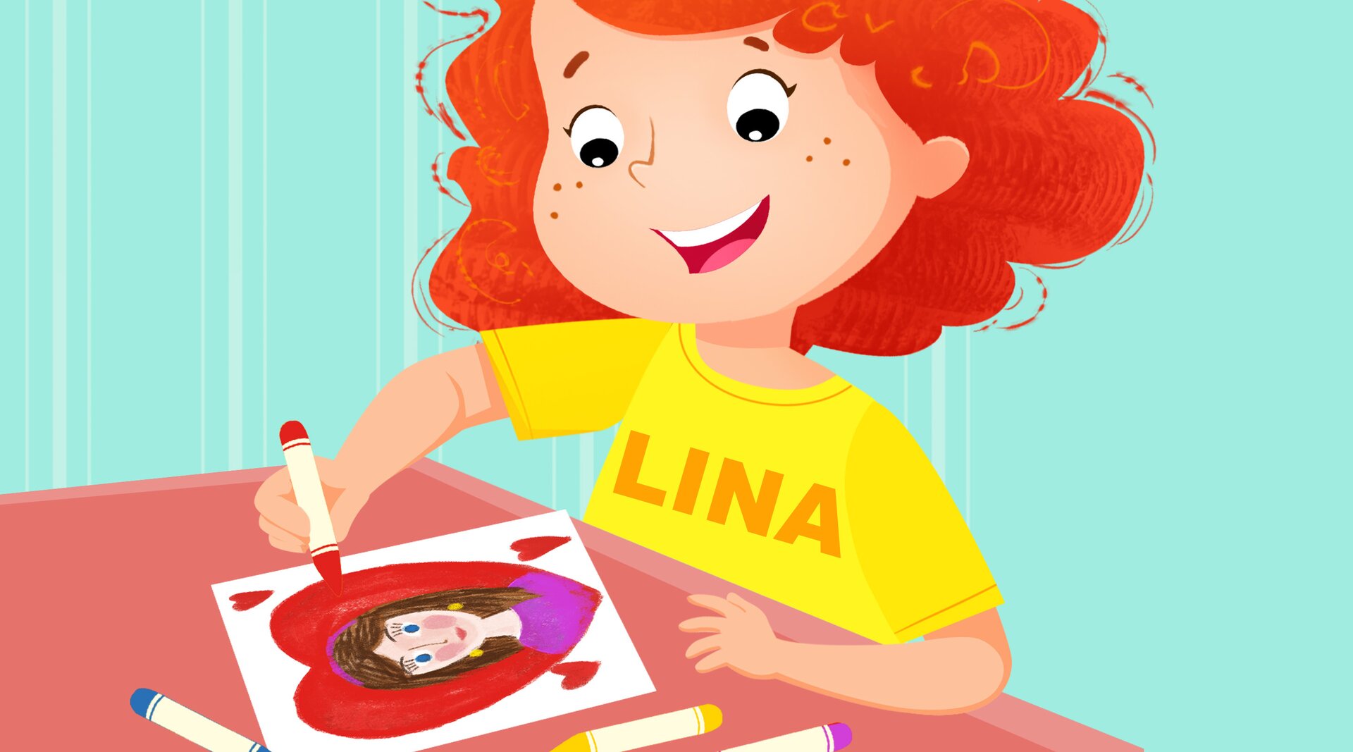 Na ilustracji znajduje się dziewczynka rysująca laurkę