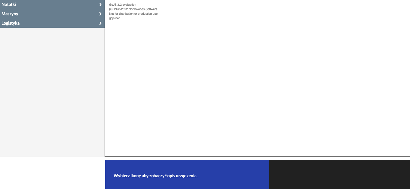 Grafika przedstawia przykładowy widok Programu do projektowania przez dobieranie. Po lewej stronie znajduje się menu z zakładkami: notatki, maszyny, logistyka. Pośrodku ekranu znajduje się pole, na którym pojawiają się treści z zakładek. Na dole znajduje się instrukcja o treści: Wybierz ikonę, aby zobaczyć opis urządzenia.