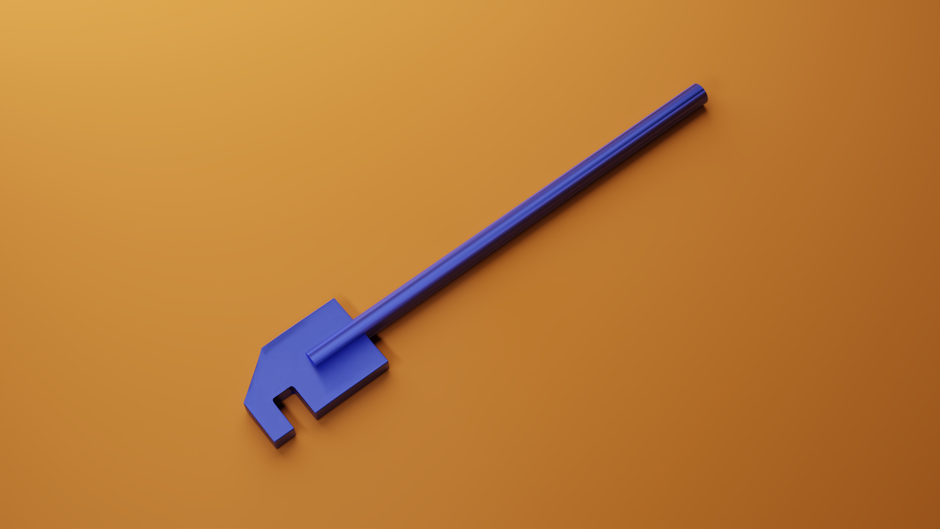 Zdjęcie przedstawia ciemnoniebieski klucz zbrojarski na pomarańczowym tle. Narzędzie składa się z prostej rączki oraz fragmentu z wyciętym prostokątem w środku.