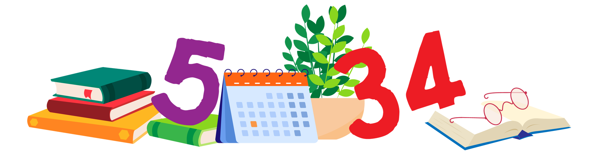 Ilustracja przedstawia kilka przedmiotów. Po lewej stronie są trzy książki ułożone jedna na drugiej. Pierwsza ma ciemnozieloną okładkę, druga czerwoną, a trzecia pomarańczową. Obok leży czwarta książka, w jasnozielonej okładce. Stoi na niej fioletowa cyfra pięć. Na środku znajduje się niebiesko‑czerwony kalendarz biurkowy oraz zielona roślina w beżowej donicy. Obok stoi czerwona liczba trzydzieści cztery. Po prawej stronie ilustracji leży otwarta książka w niebieskiej okładce. Znajdują się na niej okulary w okrągłych czerwonych oprawkach.