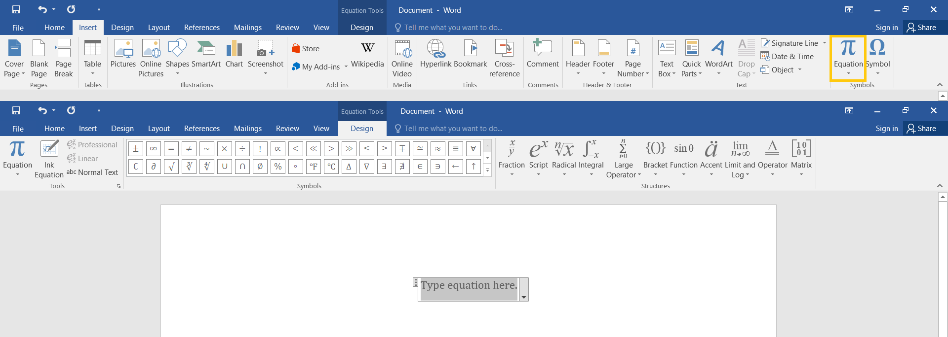 Zrzut ekranu przedstawia wstawianie równań w edytorze MS Word 2016. Na górze widoczna jest karta Insert oraz w sekcji Symbols zaznaczona ikona Equation (która wygląda jak duża litera pi). Poniżej widoczny jest edytor równań matematycznych Equation Tools - Design. Edytor podzielny jest na sekcje, ułożone od lewej strony: Tools (polecenia odpowiedzialne za wstawianie równań), Symbols (wybór symboli) oraz Structures (wybór struktur matematycznych np. ułamki, potęgi, ułamki, całki itp. - szerzej opisany poniżej w aplikacji interaktywnej). Na stronie dokumentu widoczne jest okno do wpisywania równania z tekstem: Type equation here.