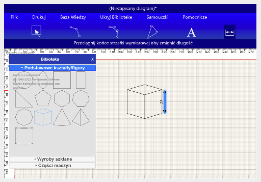 Ilustracja przedstawia stronę startową programu komputerowego. Znajdują się tam przyciski menu: plik, drukuj, baza wiedzy, biblioteka, samouczki, pomocnicze. Poniżej zaznaczona jest opcja Wymiarowanie. Poniżej w obszarze rysowania znajduje się sześcian i obok niego otwarte okno Biblioteka, Podstawowe kształty figury.
