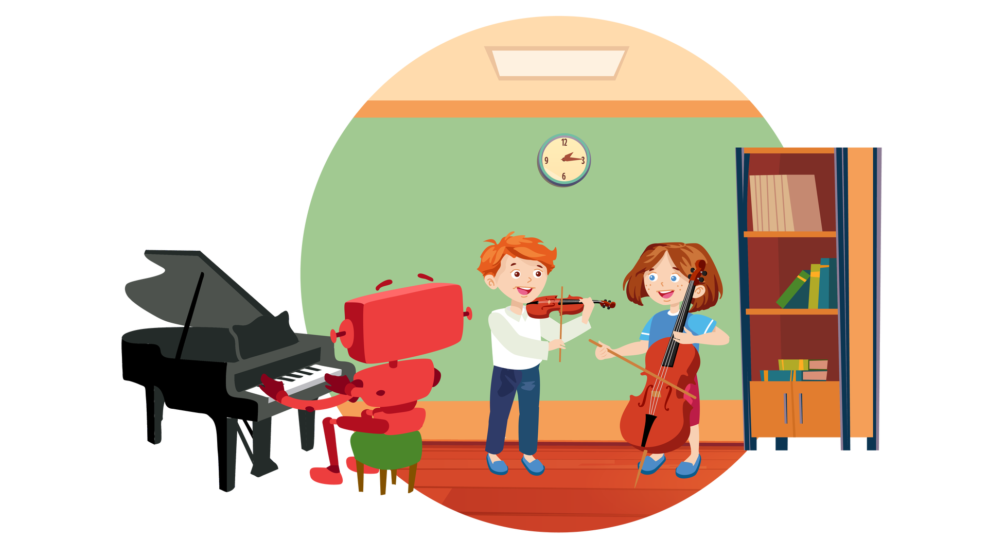 Ilustracja przedstawia salę szkolną. W tle widać zielono‑pomarańczową ścianę, na której wisi okrągły turkusowy zegar ze wskazówkami. Po prawej stronie, na drewnianej podłodze, stoi wysoki brązowy regał z półkami, na których stoją lub leżą książki. Na suficie wisi prostokątna lampa. Po lewej stronie pomieszczenia znajduje się czarne pianino z ciemnozielonym krzesełkiem, na którym siedzi Zgrzytek. Jest to czerwony robot o prostokątnej głowie z krótkimi antenkami zamiast uszu, dwiema rękami i dwiema nogami. Zgrzytek gra na pianinie. Na środku pomieszczenia stoją Franek i Maja. Franek jest ubrany w białą koszulę z długimi rękawami i kołnierzykiem, długie granatowe spodnie i ciemnoniebieskie buty. Chłopiec gra na skrzypcach. Jest to drewniany instrument z długim uchwytem, na który są naciągnięte struny. Dźwięk wydobywa się, przeciągając smyczkiem po strunach. Smyczek to podłużny element, do którego jest przymocowane specjalne włosie. Maja jest ubrana w niebieską koszulkę z krótkimi błękitnymi rękawami, krótkie ciemnoróżowe spodnie i ciemnoniebieskie buty. Dziewczynka gra na wiolonczeli. Jest to instrument podobny do skrzypiec, ale znacznie większy.