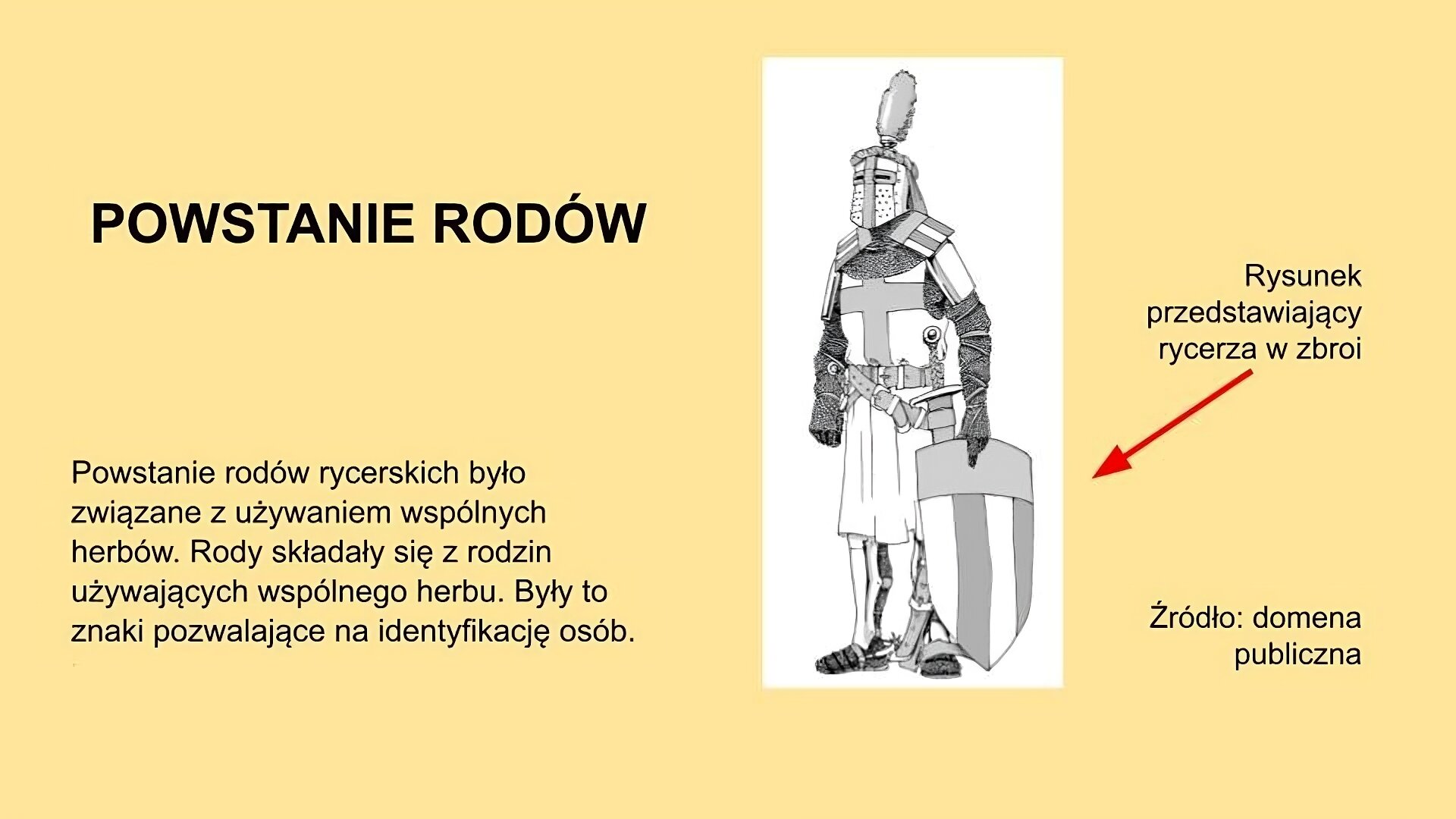 Slajd, na nim tytuł: Powstanie rodów. Na środku ilustracja rycerza. Rysunek przedstawia stojącego rycerza w zbroi. Rycerz ma twarz zakrytą hełmem. Spod wierzchniej opończy widoczna jest zbroja kolcza, czyli kolczuga. Na opończy rycerz ma znak krzyża. Jego ręce i dłonie są również okryte kolczugą. Rycerz ma przypięty do pasa miecz, a w lewej ręce trzyma opartą o nogę podłużną tarczę. Na slajdzie napisy: Powstanie rodów rycerskich było związane z używaniem wspólnych herbów. Rody składały się z rodzin używających wspólnego herbu. Były to znaki pozwalające na identyfikację osób. Rysunek przedstawiający rycerza w zbroi. Od ostatniego napisu odchodzi czerwona strzałka w kierunku ilustracji z rycerzem. Źródło: domena publiczna.