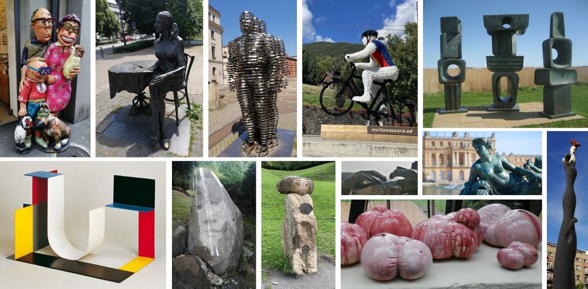 Ilustracja przedstawia fotokolaż składający się z fotografii dwunastu rzeźb ułożonych w dwóch rzędach. Dzieła pochodzą z różnych okresów historycznych i znajdują się w przestrzeni miejskiej oraz na łonie natury. 