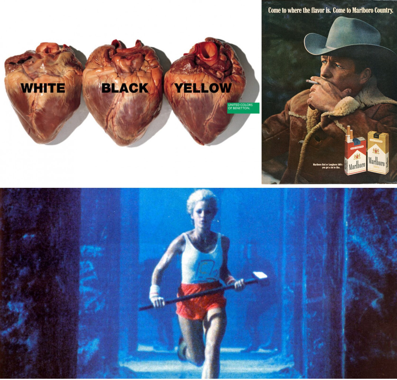 Ilustracja zawiera trzy reklamy. Reklamę United Colors Of Benetton z 1996 przedstawiające trzy identyczne serca, na jednym z nich jest napis "white", na drugim "black", na trzecim "yellow". Reklamę, przedstawiającą mężczyznę palącego papierosa i dwa opakowania papierosów „Malboro”. Trzecia reklama przedstawia uciekająca kobietę, jest to kadr z reklamy Apple z 1984roku.