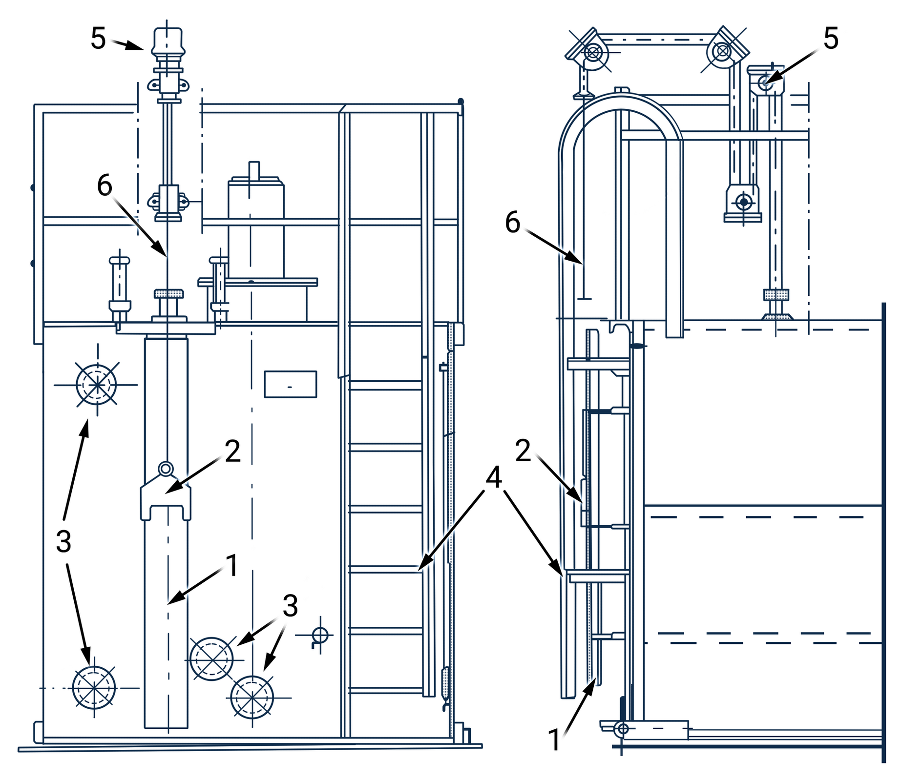 Rysunek przedstawia schemat zbiornika typu prostokątnego z osprzętem - płynowskazem z łatą pomiarową. Zbiornik ma kształt prostopadłościenny, a jego postawę stanowi prostokąt. Na rysunku znajdują się rzuty boczne - pierwszy - krótszej ściany, zaś drugi - fragmentu ściany dłuższej. Rzut krótszej ściany stanowi prostokąt. W jego prawej części znajduje się drabina, prowadząca do górnej części zbiornika ograniczonej z dwóch stron barierkami. Po lewej stronie ściany zamontowany jest płynowskaz. Łata pomiarowa wbudowana jest na całej długości i reprezentowana jest przez prostokąt o dłuższym boku równoległym do wysokości zbiornika. W około dwóch trzecich wysokości łaty znajduje się płynowskaz. Jest to element ruchomy w kształcie przypominającym trójkąt równoramienny, na którego górnym wierzchołku zamontowany jest pierścień. Podstawa wspomnianego trójkąta osadzona jest z dwóch stron na niedużych prostokątach. Po lewej stronie łaty pomiarowej, w górnej oraz w dolnej części ściany znajdują się kółka z wykreślonymi przerywanymi liniami (pionowo, poziomo i pod skosami), które wyznaczają środki kół. Reprezentują one kryzy przyłączeniowe. Po prawej stronie, u dołu na dwóch różnych wysokościach zostały zaznaczone analogicznie dwie kolejne kryzy przyłączeniowe. Od górnej części w osi łaty pomiarowej poprowadzona jest linka stalowa zamontowana na układzie przełożenia znajdującym się powyżej oraz z tyłu na górnej części zbiornika. Linka zaczepiona jest na kilku krążkach prowadnikowych. Po prawej stronie przedstawiony jest rzut fragmentu dłuższej ścianki zbiornika. Stanowi ją prostokąt. Po lewej stronie znajduje się drabinka za nią zamontowana jest łata pomiarowa. Zaznaczono również płynowskaz. Wszystkie wymienione elementy przedstawiono jako prostokąty o bardzo małych długościach krótszych boków. Ponadto, zaznaczono linkę stalową oraz jej układ przełożenia. Widoczne są krążki prowadnikowe. Są zabudowane, a na nich zaczepiona jest wspomniana linka pomiarowa.