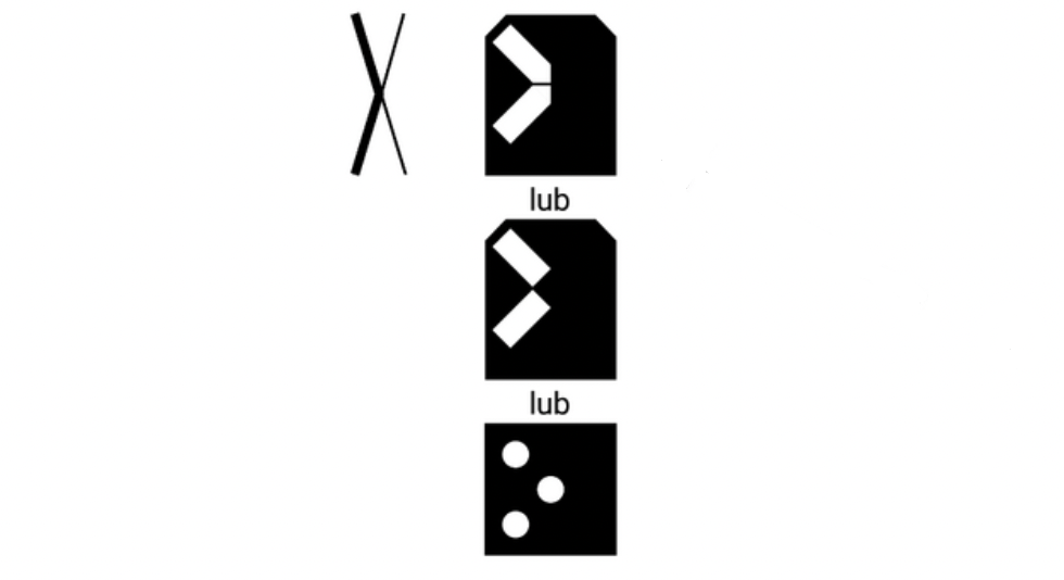 Rysunek przedstawia wskaźnik wu zet siedem - jazda po łuku w lewo. Znajdują się tu dwa rysunki.
Rysunek pierwszy to dwie linie przecinające się przypominające X. Lewe górne i lewe dolne ramię są grubsze, prawe cieńsze.
Rysunek drugi przedstawia trzy symbole jeden pod drugim. Symbol będący czarnym prostokątem z obciętymi górnymi rogami. Wewnątrz znajdują się dwa ukośne prostokąty, które mają ścięte rogi i są ustawione ukośnie po lewej stronie w taki sposób, że tworzą wspólnie lewą część litery X. Poniżej napis lub. Poniżej analogiczny rysunek. Wewnątrz oznaczenia znajdują się dwa rozłączne białe prostokąty układające się w lewą część literę X. Poniżej napis lub. Poniżej czarny kwadrat z trzema białymi kropkam ułożonymi jedna w lewym górnym rogu, druga w środku, trzecia w dolnym lewym rogu.