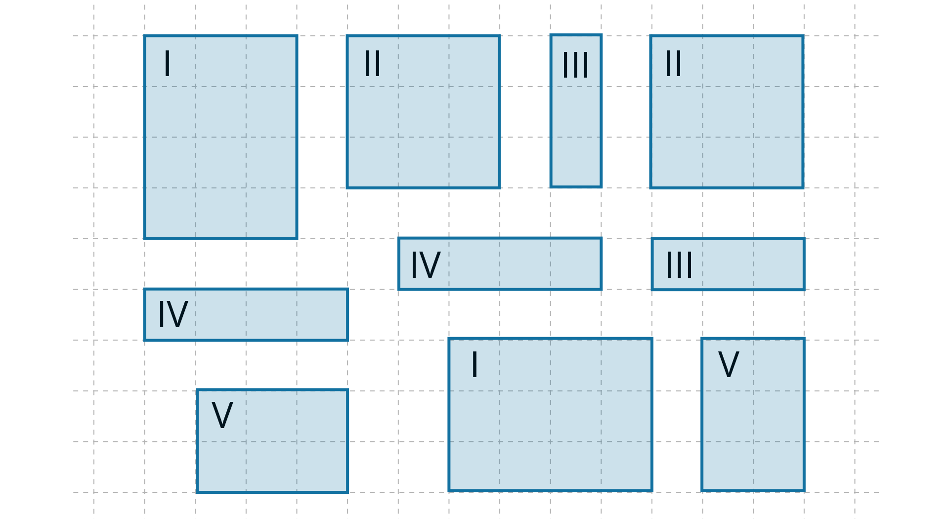 Na rysunku znajduje się 5 par prostokątów. Prostokąty mają następujące wymiary: pierwszy 3 na 4 kratki, drugi 3 na 3 kratki, trzeci 1 na 3 kratki, czwarty 1 na 4 kratki i piąty 2 na 3 kratki.