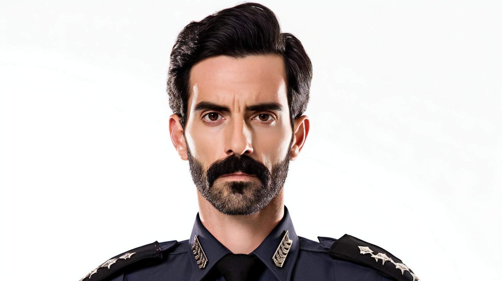 Ilustracja przedstawia ramiona i twarz policjanta w mundurze. Policjant ma czarne włosy i zadbany zarost.