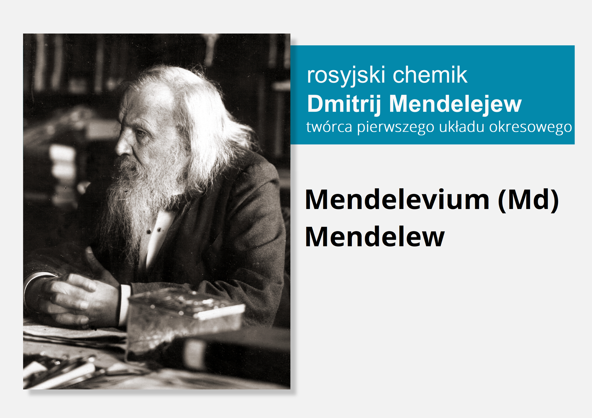 Fotografia rosyjskiego chemika Dmitrija Mendelejewa, obok nazwa i symbol pierwiastka Mendelew, łacińska nazwa Mendelevium (Md).
