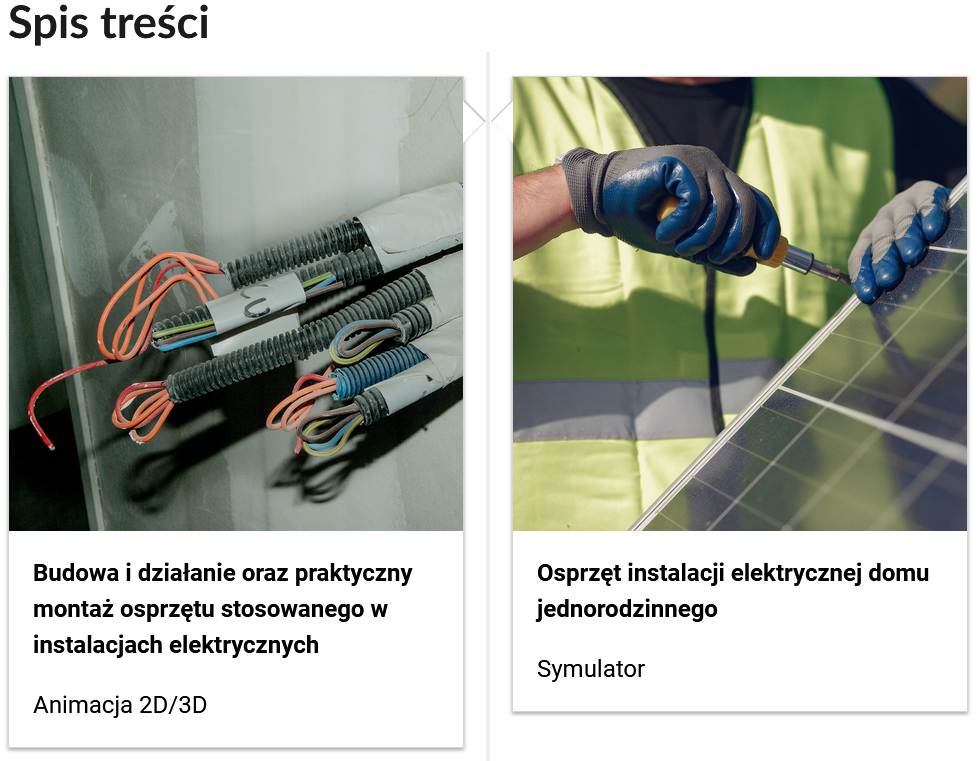 Grafika przedstawia dwa kafelki ze spisu treści. Są umiejscowione obok siebie. Mają kwadratowy kształt. Każdy z kafelków opatrzony jest ilustracją. Pierwsze multmedium to animacja o tytule: Budowa i działanie oraz praktyczny montaż osprzętu stosowanego w instalacjach elektrycznych. Drugie multimedium to symulator o tytule "Osprzęt instalacji elektrycznej domu jednorodzinnego".