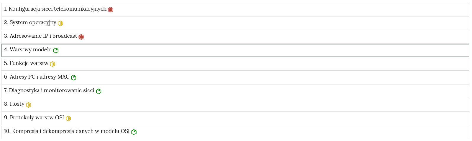 Ilustracja przedstawia zakładki zawierające ćwiczenia interaktywne. Każda zakładka zawiera tytuł oraz symbol określający poziom trudności  danego ćwiczenia.