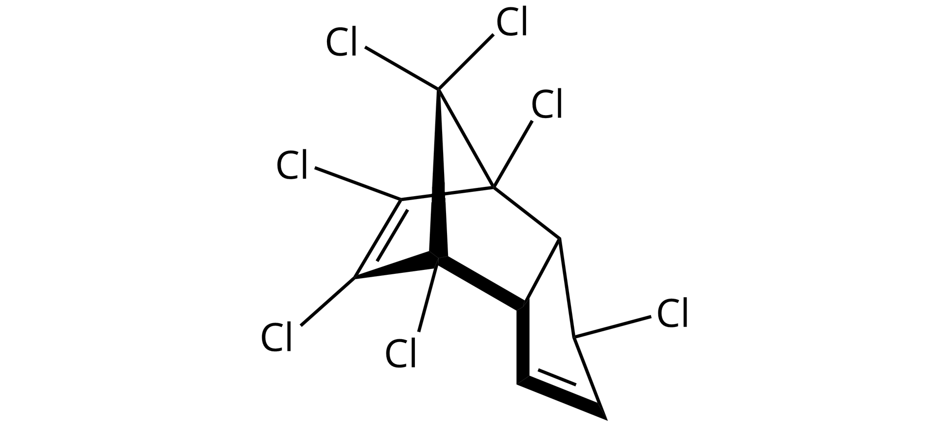 Ilustracja przedstawia wzór heptachloru. Jego strukturę tworzą atomy wodoru, węgla i chloru. Obecne są dwa wiązania podwójne węgiel‑węgiel, siedem atomów chloru oraz dwa skondensowane pierścienie: sześcioczłonowy i pięcioczłonowy. W pierścieniu sześcioczłonowym jest mostek − C C l 2 wiążący atomy węgla oddalone o trzy wiązania.