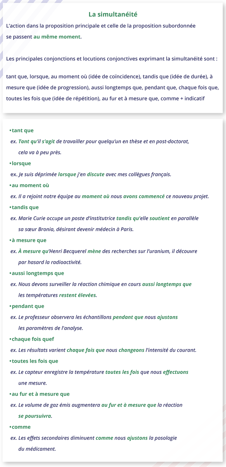 Ilustracja zatytułowana La simultanéité zawiera informacje tekstowe. L'action dans la proposition principale et celle de la proposition subordonnée se passent au même moment. Les principales conjonctions et locutions conjonctives exprimant la simultanéité sont : tant que, lorsque, au moment où (idée de coïncidence), tandis que (idée de durée), à mesure que (idée de progression), aussi longtemps que, pendant que, chaque fois que, toutes les fois que (idée de répétition), au fur et à mesure que, comme + indicatif tant que ex. Tant qu'il s'agit de travailler pour quelqu'un en thèse et en post‑doctorat, cela va à peu près. lorsque ex. Je suis déprimée lorsque j'en discute avec mes collègues français. au moment où ex. Il a rejoint notre équipe au moment où nous avons commencé ce nouveau projet. tandis que ex. Marie Curie occupe un poste d'institutrice tandis qu'elle soutient en parallèle sa sœur Bronia, désirant devenir médecin à Paris. à mesure que ex. À mesure qu'Henri Becquerel mène des recherches sur l'uranium, il découvre par hasard la radioactivité. aussi longtemps que ex. Nous devons surveiller la réaction chimique en cours aussi longtemps que les températures restent élevées. pendant que ex. Le professeur observera les échantillons pendant que nous ajustons les paramètres de l'analyse. chaque fois quef ex. Les résultats varient chaque fois que nous changeons l'intensité du courant.  toutes les fois que ex. Le capteur enregistre la température toutes les fois que nous effectuons une mesure. au fur et à mesure que ex. Le volume de gaz émis augmentera au fur et à mesure que la réaction se poursuivra. comme ex. Les effets secondaires diminuent comme nous ajustons la posologie du médicament.