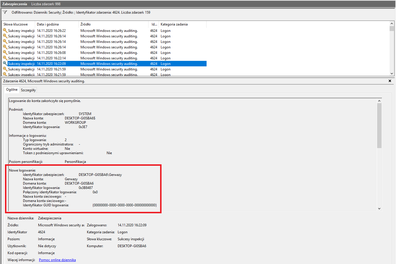 Zrzut ekranu przedstawia aplikacje zabezpieczenia.  Poniżej wybrano jedną z opcji o słowie kluczowym: Sukcesy inspekcji.  Niżej czerwonym prostokątem zaznaczono: Nowe logowanie.  Znajdują się w nim takie dane jak: Identyfikator zabezpieczeń, Nazwa konta, domena konta, klasyfikator logowania, połączony identyfikator logowania, nazwa konta sieciowego, domena konta sieciowego, klasyfikator Guid logowania.