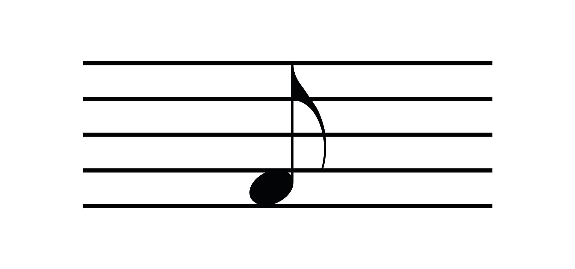 Grafika przedstawia czarną nutę ósemkę umieszczoną na pięciolinii.