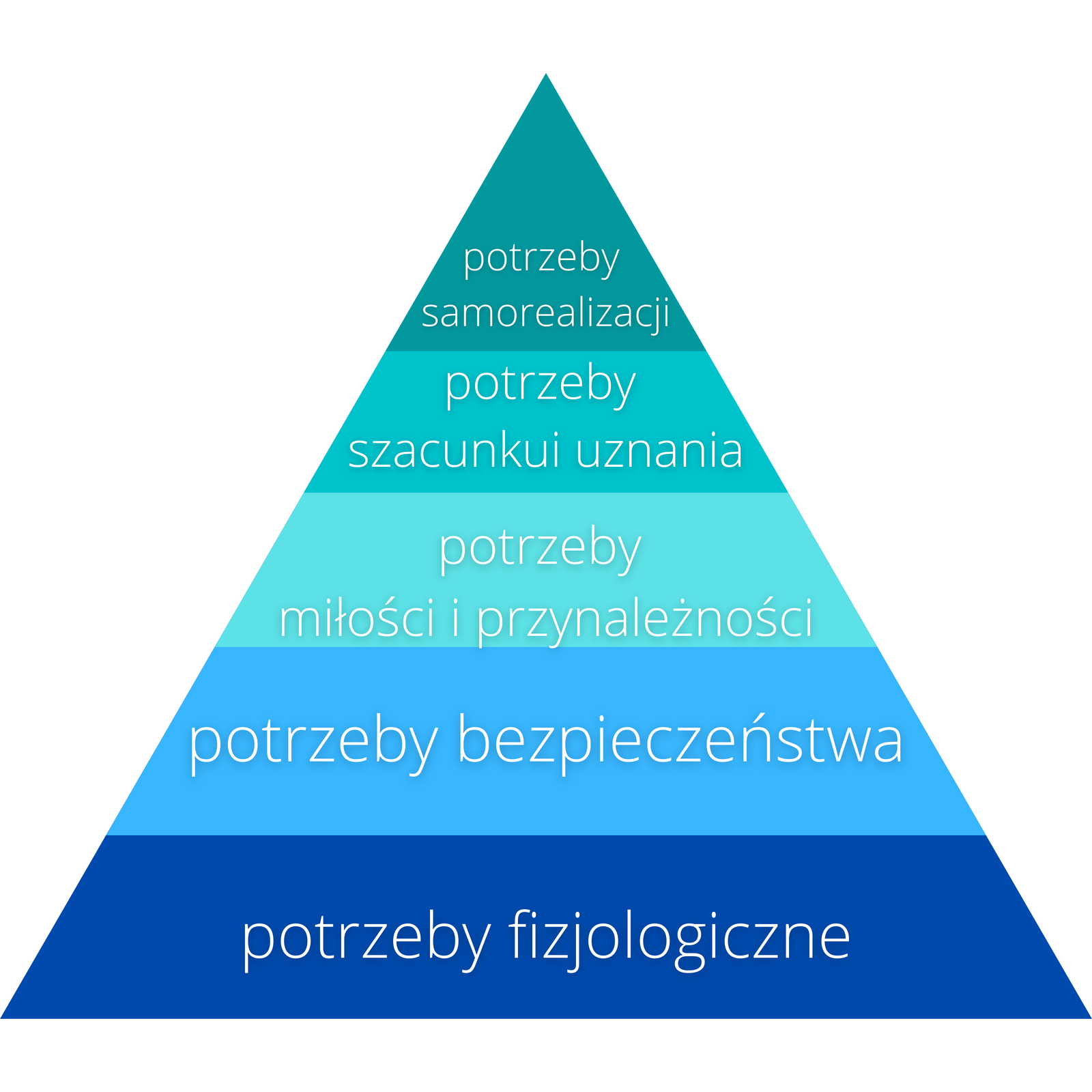 Ilustracja przedstawia pięcioelementową piramidę. U jej podstawy znajdują się potrzeby fizjologiczne. Drugi poziom stanowią potrzeby bezpieczeństwa. Trzecim elementem są potrzeby miłości i przynależności. Czwarty punkt to potrzeby szacunku i uznania. Na szczycie piramidy znajdują się potrzeby samorealizacji.