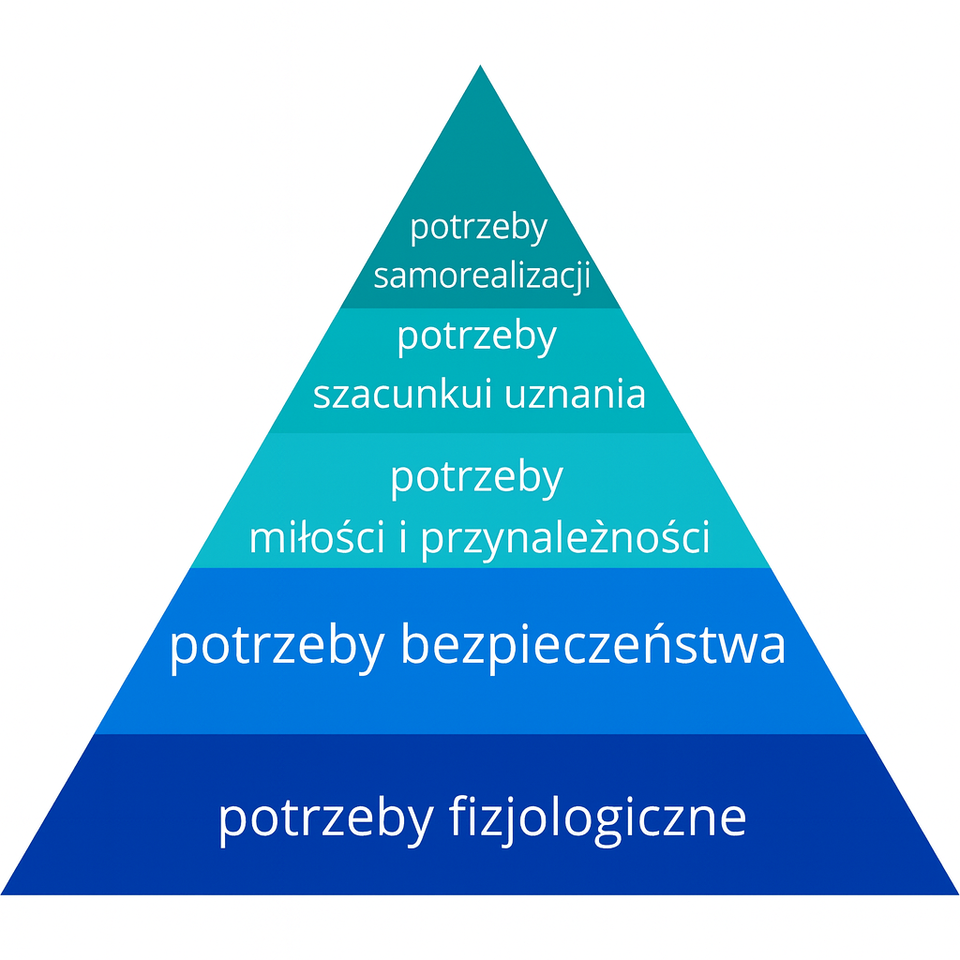 Ilustracja przedstawia pięcioelementową piramidę. U jej podstawy znajdują się potrzeby fizjologiczne. Drugi poziom stanowią potrzeby bezpieczeństwa. Trzecim elementem są potrzeby miłości i przynależności. Czwarty punkt to potrzeby szacunku i uznania. Na szczycie piramidy znajdują się potrzeby samorealizacji.